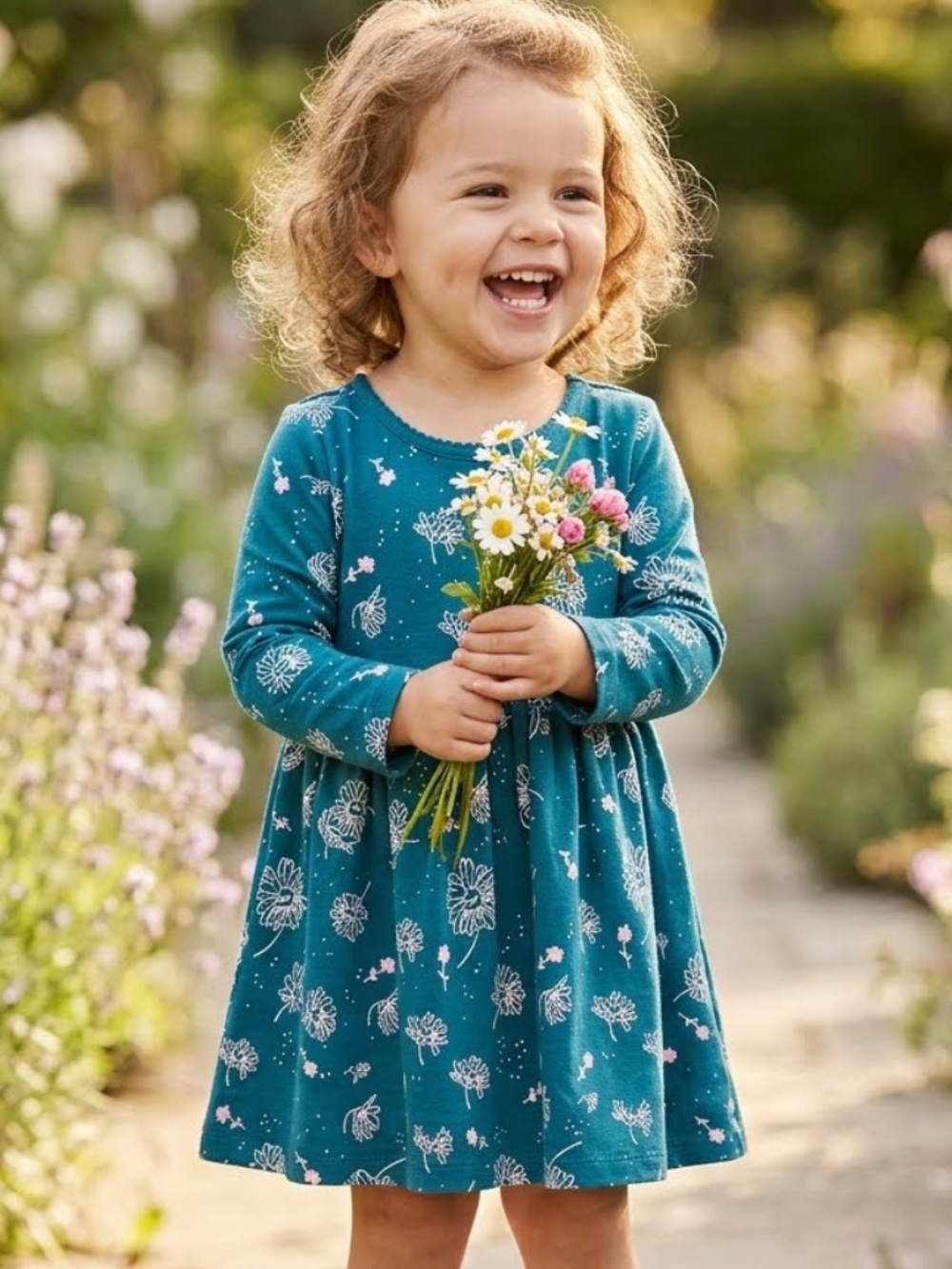 Hanna Andersson Teal Floral Long-Sleeve Cotton Dress, 18-24 months